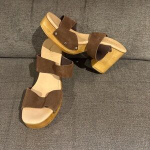 ILARIA SARTORI Women's Sandals Brown Wood Heels Genuine Leather Upper Size 8